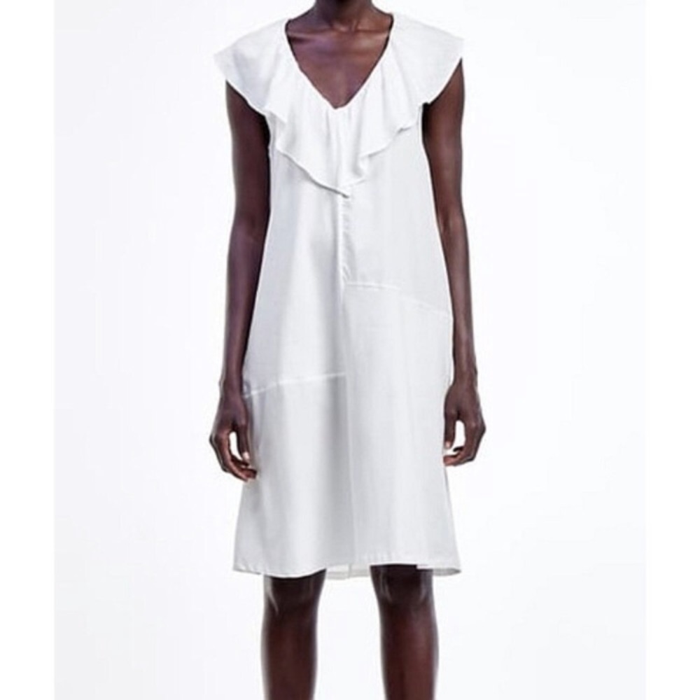 ZARA NWT White Small Cotton and Viscose contrast ruffle midi sun dress